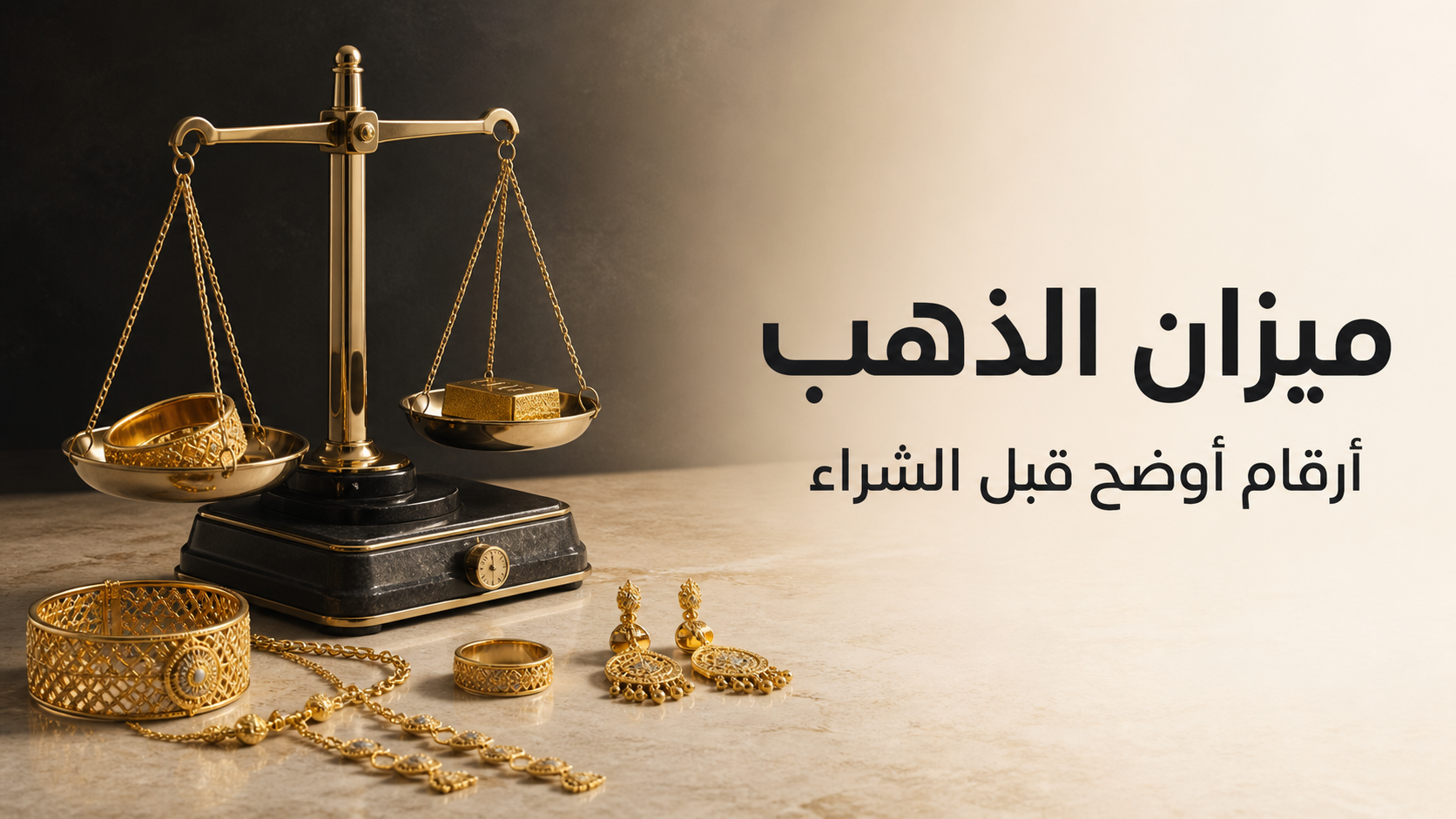 ميزان دقيق ومجوهرات ذهبية تمثل أدوات ميزان الذهب